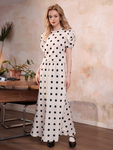 French Polka Dot Puff Sleeve Dress With Bow And Open-Back Design, Elegant For Female Teachers, Comes With Doll Collar And Long Skirt, 2pcs/Set