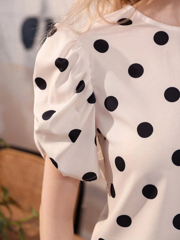 French Polka Dot Puff Sleeve Dress With Bow And Open-Back Design, Elegant For Female Teachers, Comes With Doll Collar And Long Skirt, 2pcs/Set