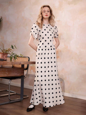 French Polka Dot Puff Sleeve Dress With Bow And Open-Back Design, Elegant For Female Teachers, Comes With Doll Collar And Long Skirt, 2pcs/Set