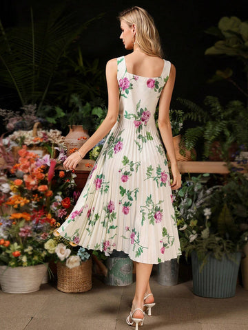 French Style Elegant Floral Printed Waisted Cup Dress With Curved Hemline And Pleated