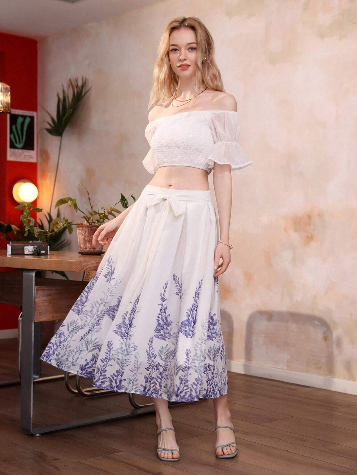French Style Heavy Workmanship Matching Set Featuring Off Shoulder Top And Flowy Printed Skirt For Women's Summer Outfits, 2pcs