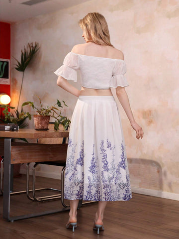 French Style Heavy Workmanship Matching Set Featuring Off Shoulder Top And Flowy Printed Skirt For Women's Summer Outfits, 2pcs
