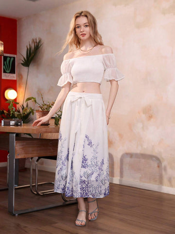French Style Heavy Workmanship Matching Set Featuring Off Shoulder Top And Flowy Printed Skirt For Women's Summer Outfits, 2pcs