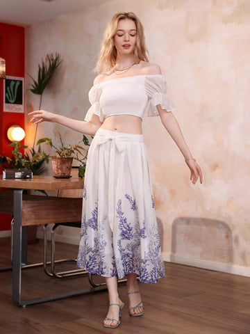 French Style Heavy Workmanship Matching Set Featuring Off Shoulder Top And Flowy Printed Skirt For Women's Summer Outfits, 2pcs