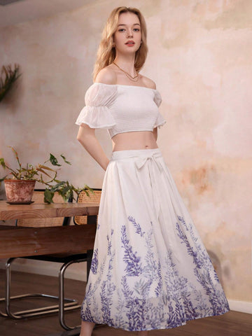 French Style Heavy Workmanship Matching Set Featuring Off Shoulder Top And Flowy Printed Skirt For Women's Summer Outfits, 2pcs