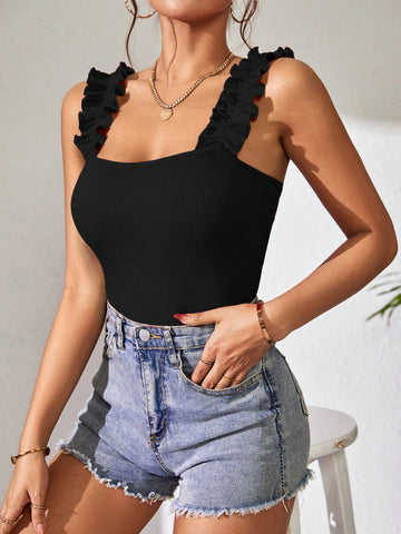 Frill Trim Solid Cami Bodysuit