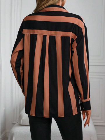 Frenchy Front Button Contrast Stripe Print Long Sleeve Casual Shirt