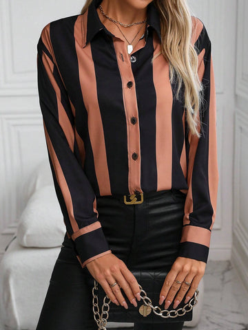 Frenchy Front Button Contrast Stripe Print Long Sleeve Casual Shirt
