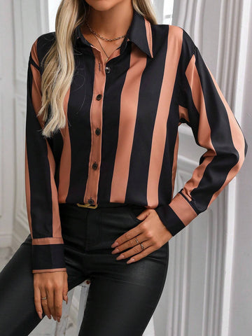 Frenchy Front Button Contrast Stripe Print Long Sleeve Casual Shirt