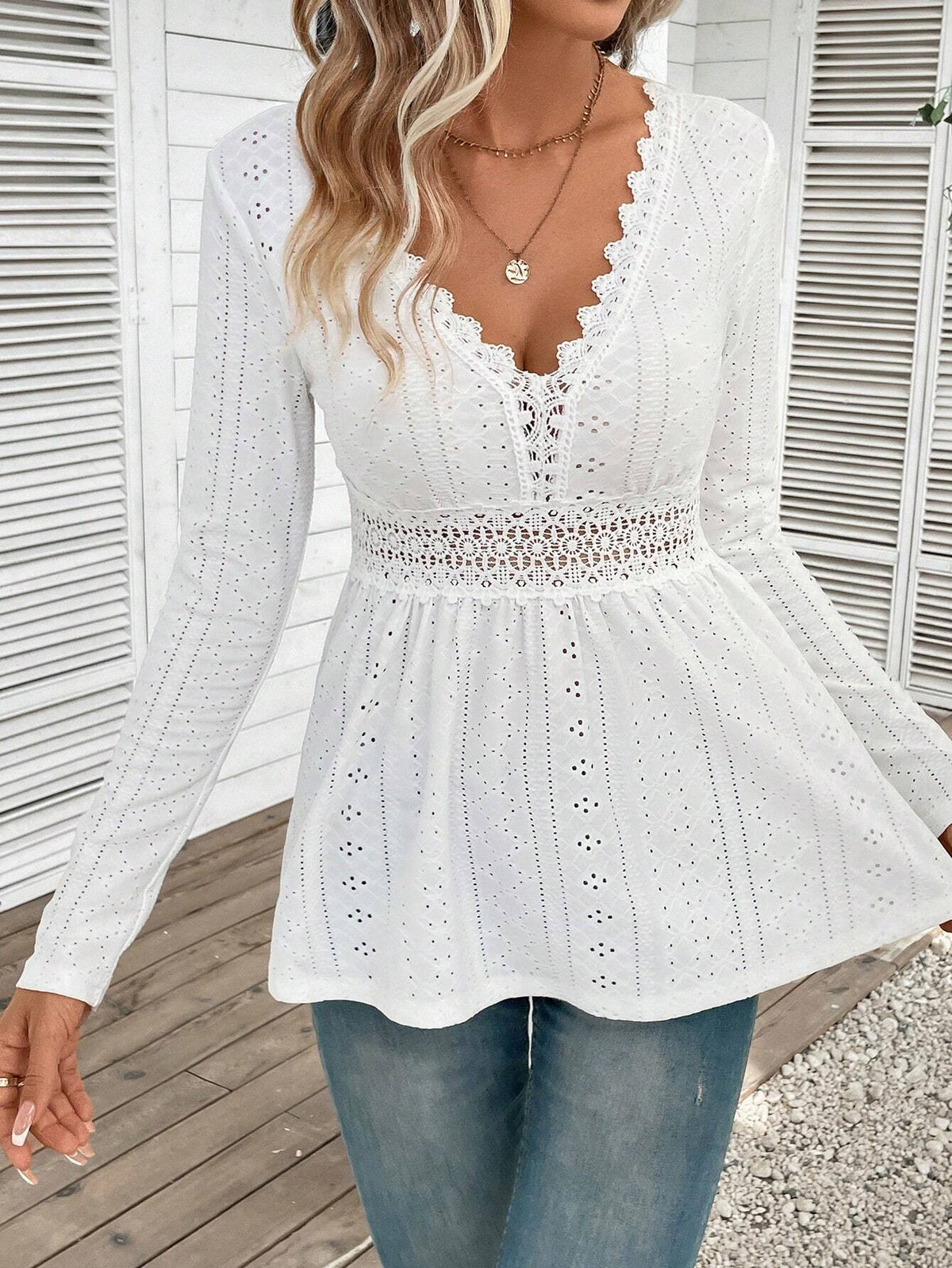 Frenchy Guipure Lace Insert Peplum Tee