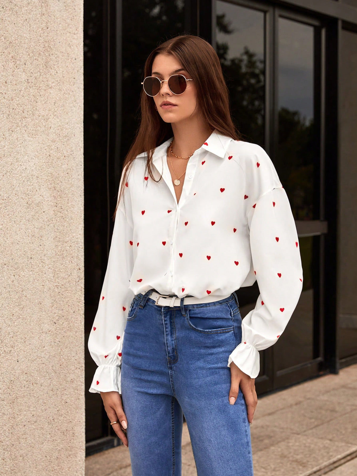 Heart Print Flounce Sleeve Shirt