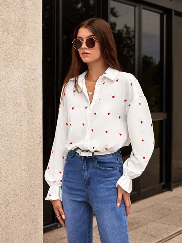Heart Print Flounce Sleeve Shirt