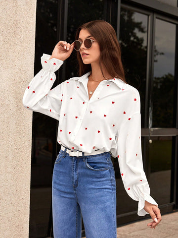 Heart Print Flounce Sleeve Shirt