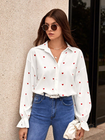 Heart Print Flounce Sleeve Shirt