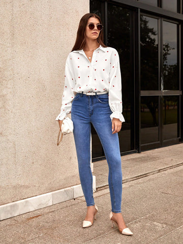 Heart Print Flounce Sleeve Shirt