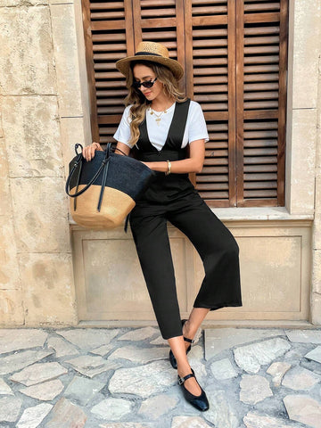 High-End Women's Overalls With Suspenders, Flowy, Straight-Leg, High-Waisted, Slimming, Wide-Leg Full Length Pants, Spring/Autumn