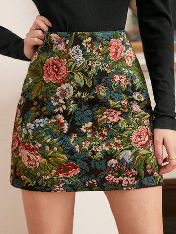 Frenchy High-Waisted Jacquard Floral Skirt