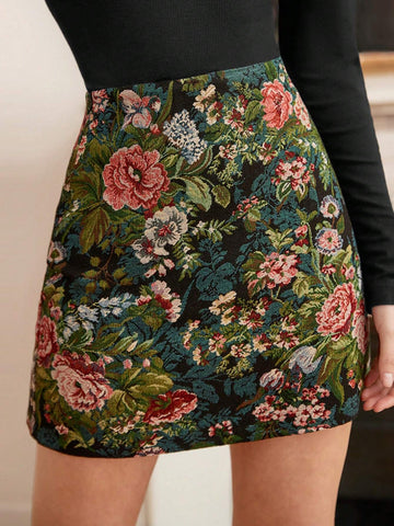 Frenchy High-Waisted Jacquard Floral Skirt