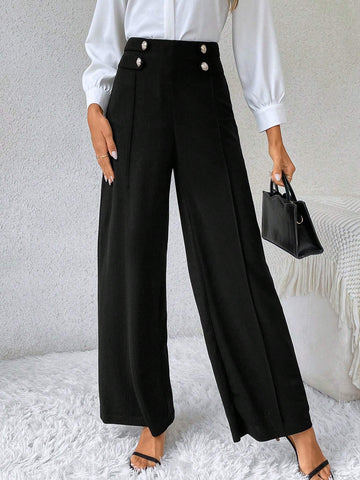 Frenchy High Waist Button Detail Wide Leg Baggy Black Elegant Pants