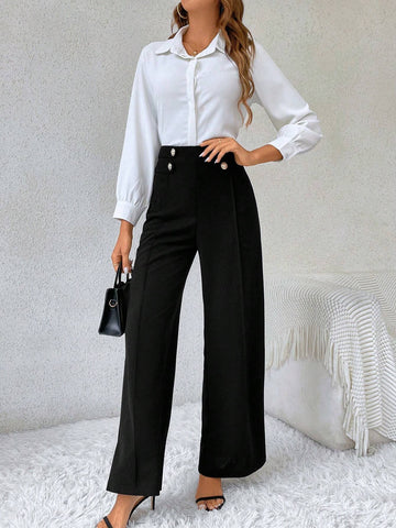 Frenchy High Waist Button Detail Wide Leg Baggy Black Elegant Pants