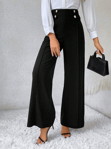 Frenchy High Waist Button Detail Wide Leg Baggy Black Elegant Pants