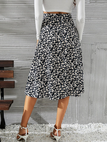 Frenchy High Waist Ditsy Floral Split Thigh Skirt