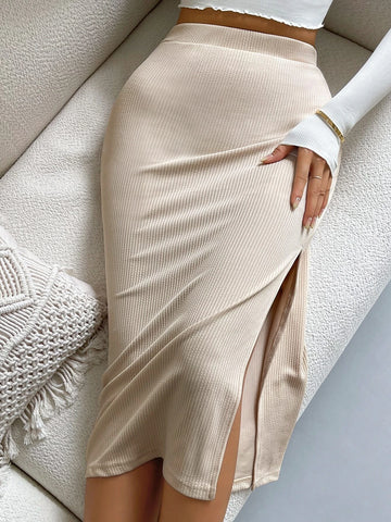Frenchy High Waist Solid Ribbed Knit Slit Skirt
