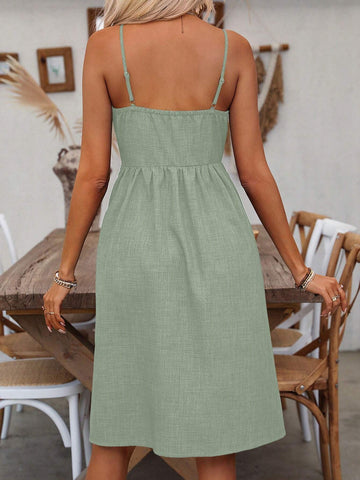 Holiday Casual Solid Color Front Button Double Pocket Cami Dress