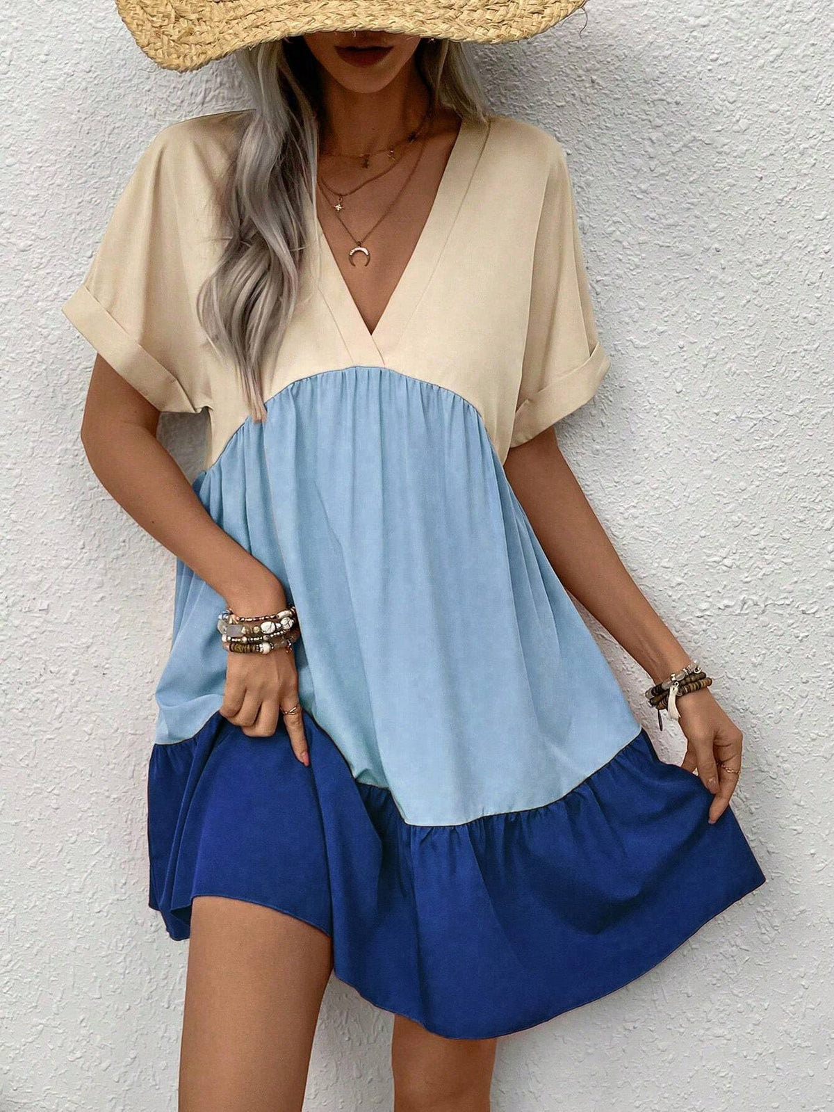 Holiday & Leisure Contrast Color Patchwork Batwing Sleeve Dress