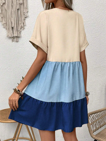 Holiday & Leisure Contrast Color Patchwork Batwing Sleeve Dress