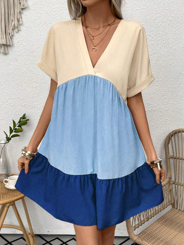Holiday & Leisure Contrast Color Patchwork Batwing Sleeve Dress