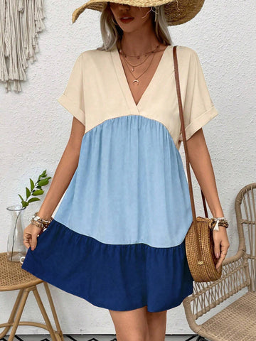 Holiday & Leisure Contrast Color Patchwork Batwing Sleeve Dress