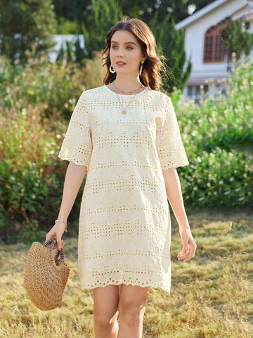 Hollow Out Embroidered Round Neck Short Sleeve Dress