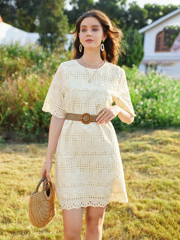 Hollow Out Embroidered Round Neck Short Sleeve Dress