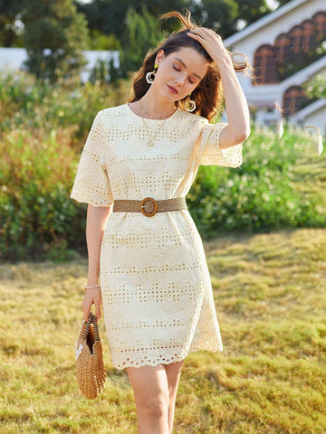 Hollow Out Embroidered Round Neck Short Sleeve Dress