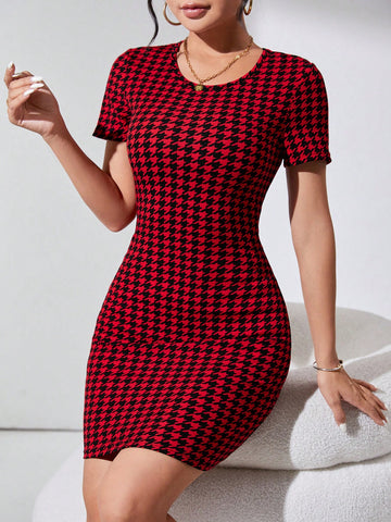 Houndstooth Round Neck Bodycon Dress