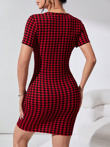 Houndstooth Round Neck Bodycon Dress