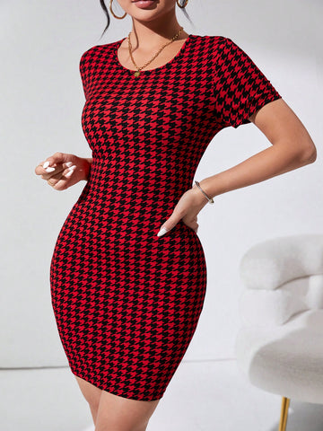 Houndstooth Round Neck Bodycon Dress