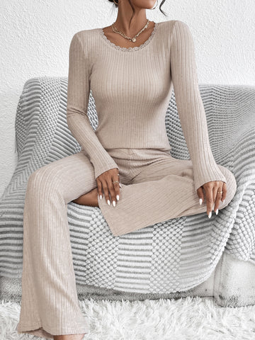 Lace Trim Tee & Flare Leg Pants