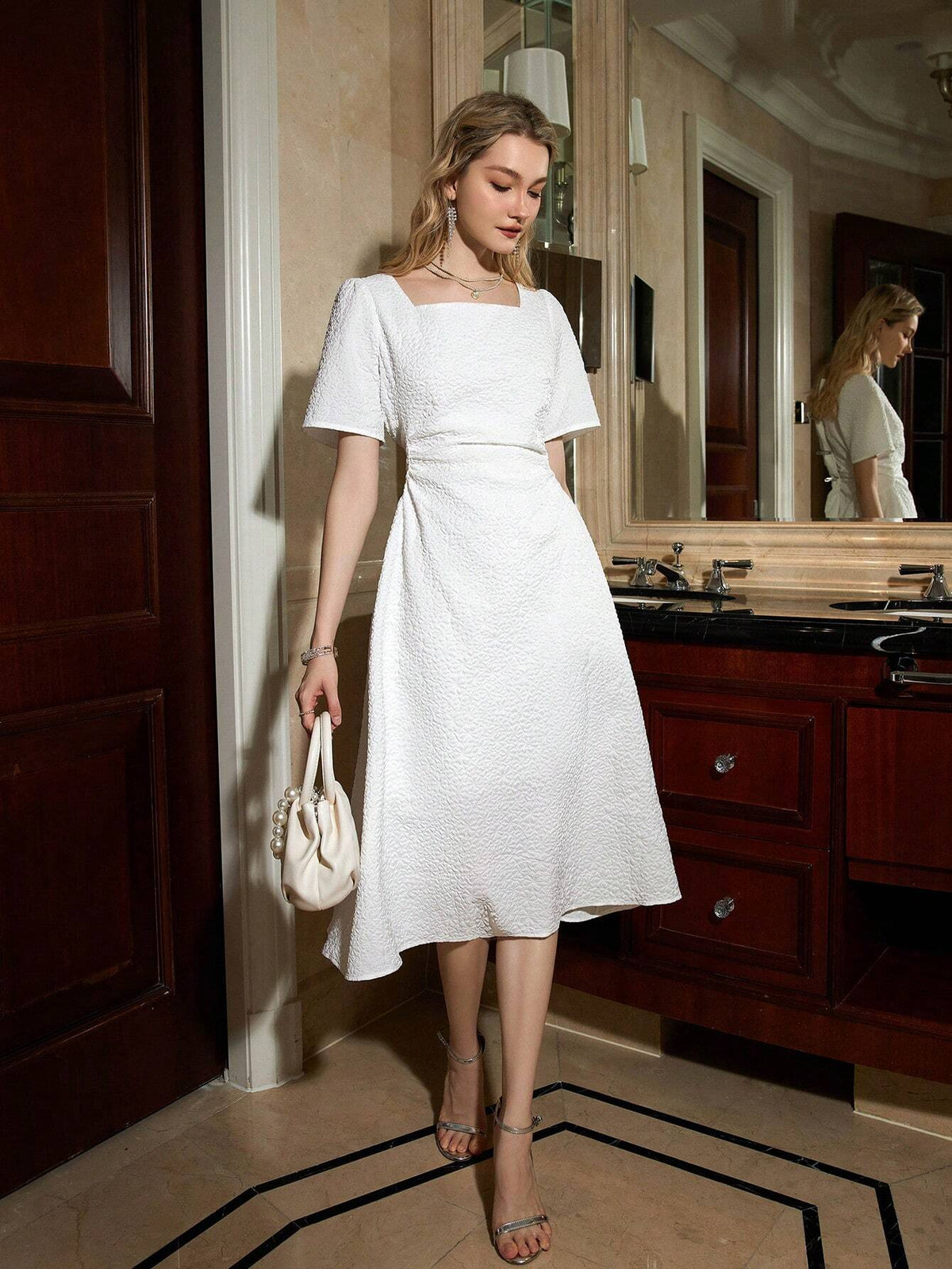 Ladies' Jacquard Short Sleeve Dress With Square Neckline