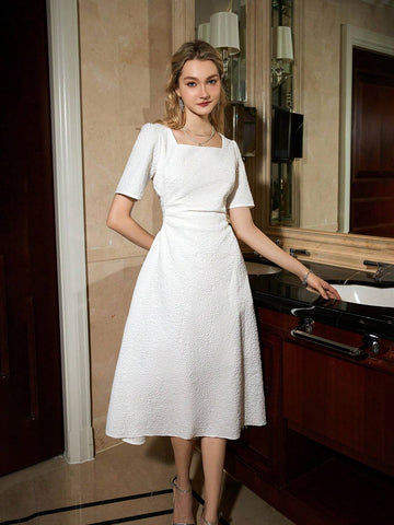 Ladies' Jacquard Short Sleeve Dress With Square Neckline