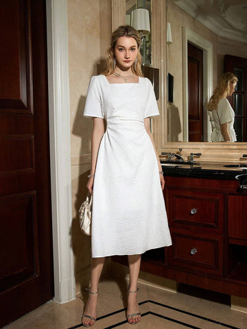 Ladies' Jacquard Short Sleeve Dress With Square Neckline
