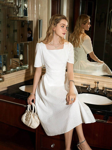 Ladies' Jacquard Short Sleeve Dress With Square Neckline