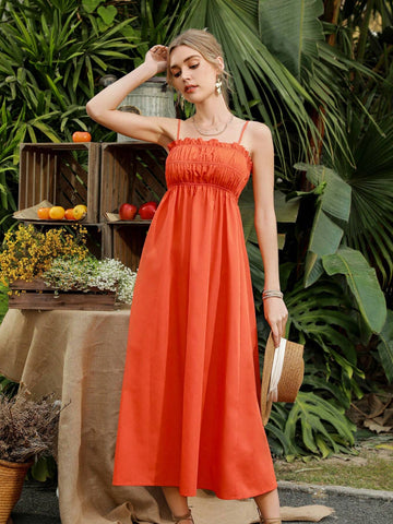 Ladies' Long Cami Dress With Ruffles Details, Elastic Neckline And Shoulder Straps