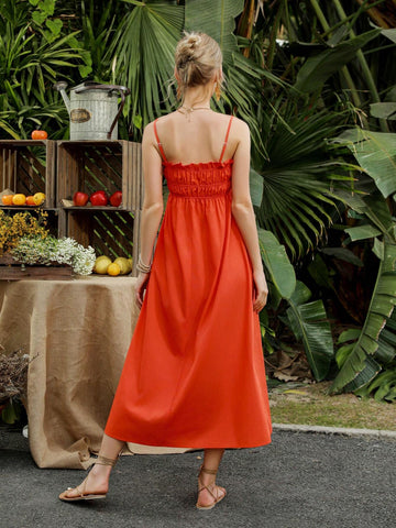 Ladies' Long Cami Dress With Ruffles Details, Elastic Neckline And Shoulder Straps