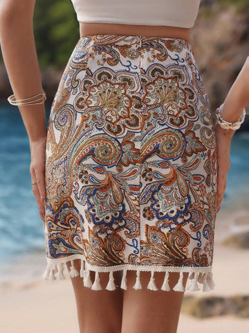 Frenchy Ladies' Paisley Print Fringed Skirt