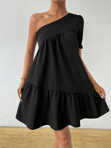 Ladies' Simple Daily Solid Color Asymmetrical Neck Dress