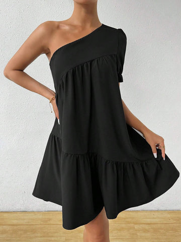 Ladies' Simple Daily Solid Color Asymmetrical Neck Dress