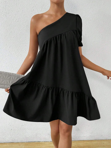 Ladies' Simple Daily Solid Color Asymmetrical Neck Dress