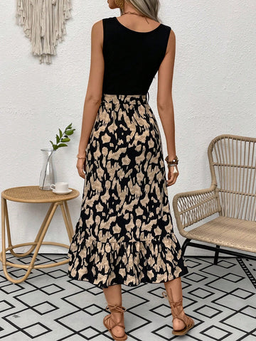 Frenchy Ladies' Sleeveless Printed Splicing Dress With Ruffle Hem Design